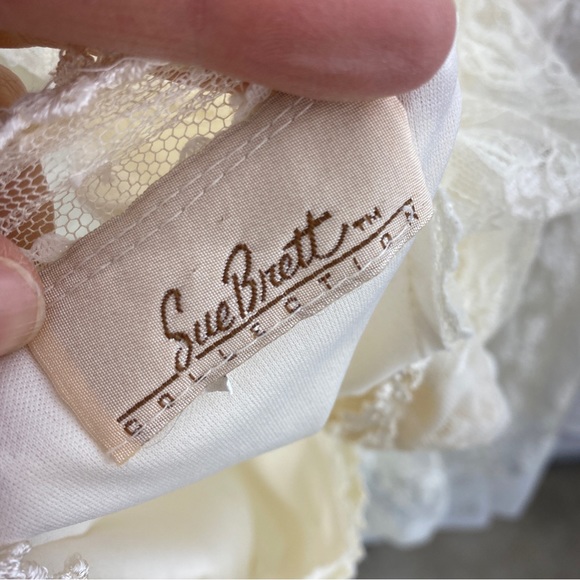 Vintage 80s Sue Brett White Lace Flutter Sleeve Drop Waist Shift Midi Dress - Picture 9 of 10